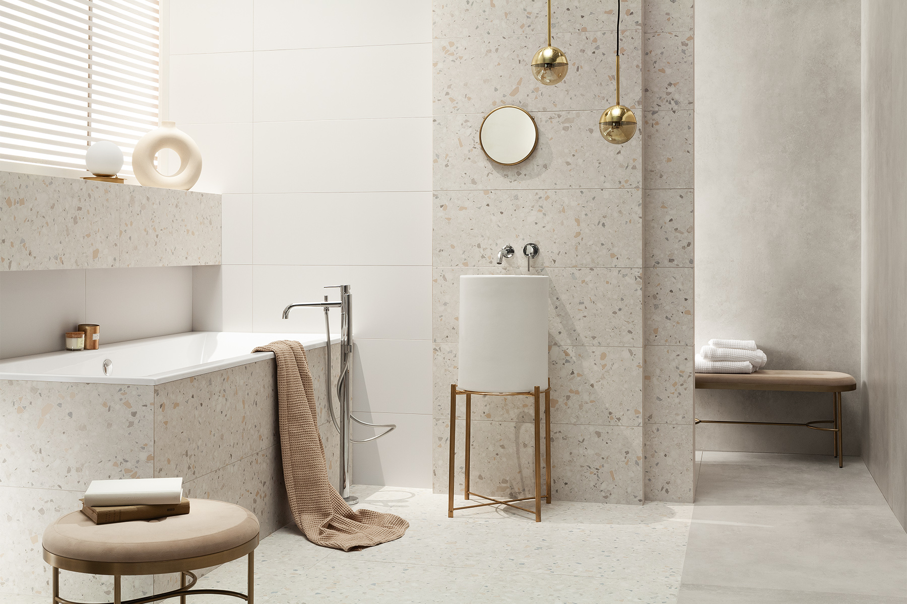 Porcelain Terrazzo tiles in a modern bathroom - Macchia Beige
