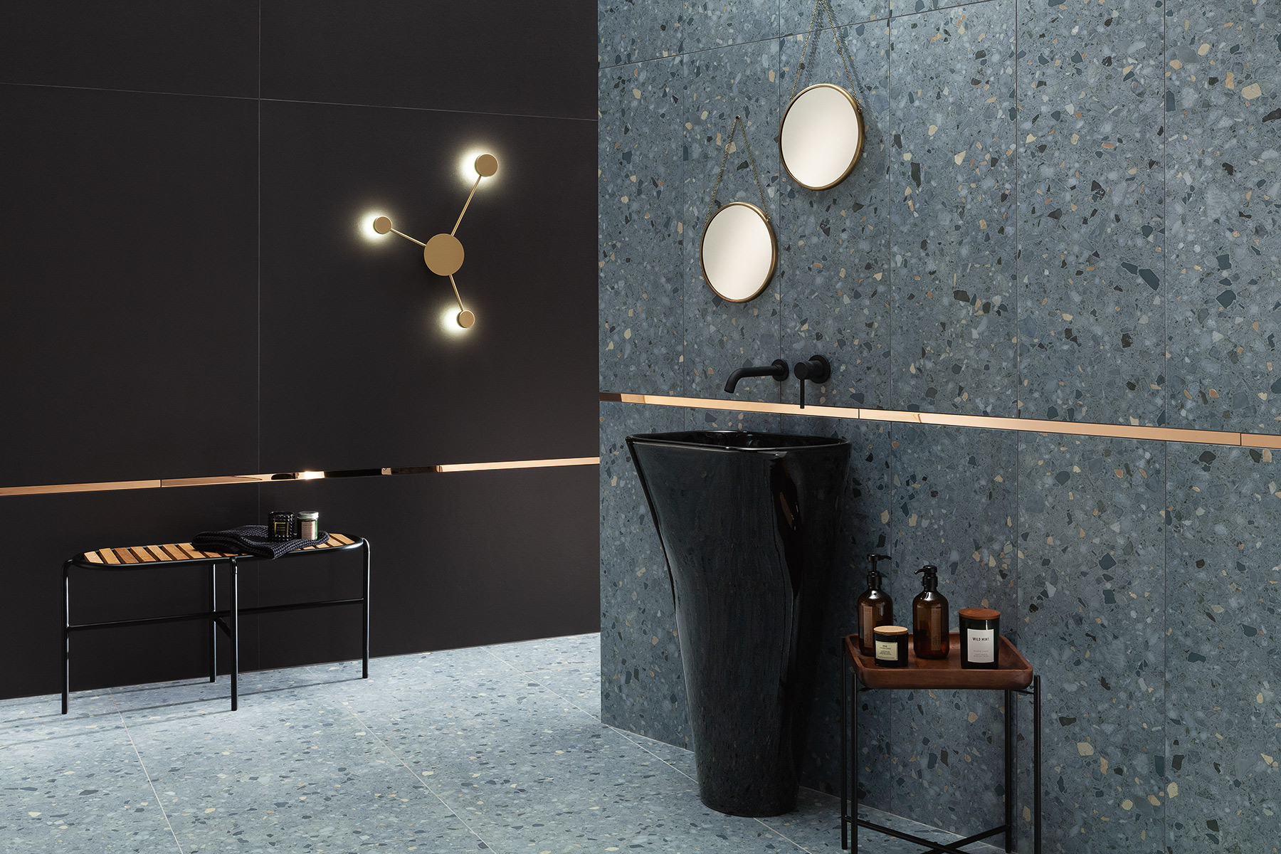 Porcelain Terrazzo wall & floor tiles in a high-end designer bathroom - Macchia Blue