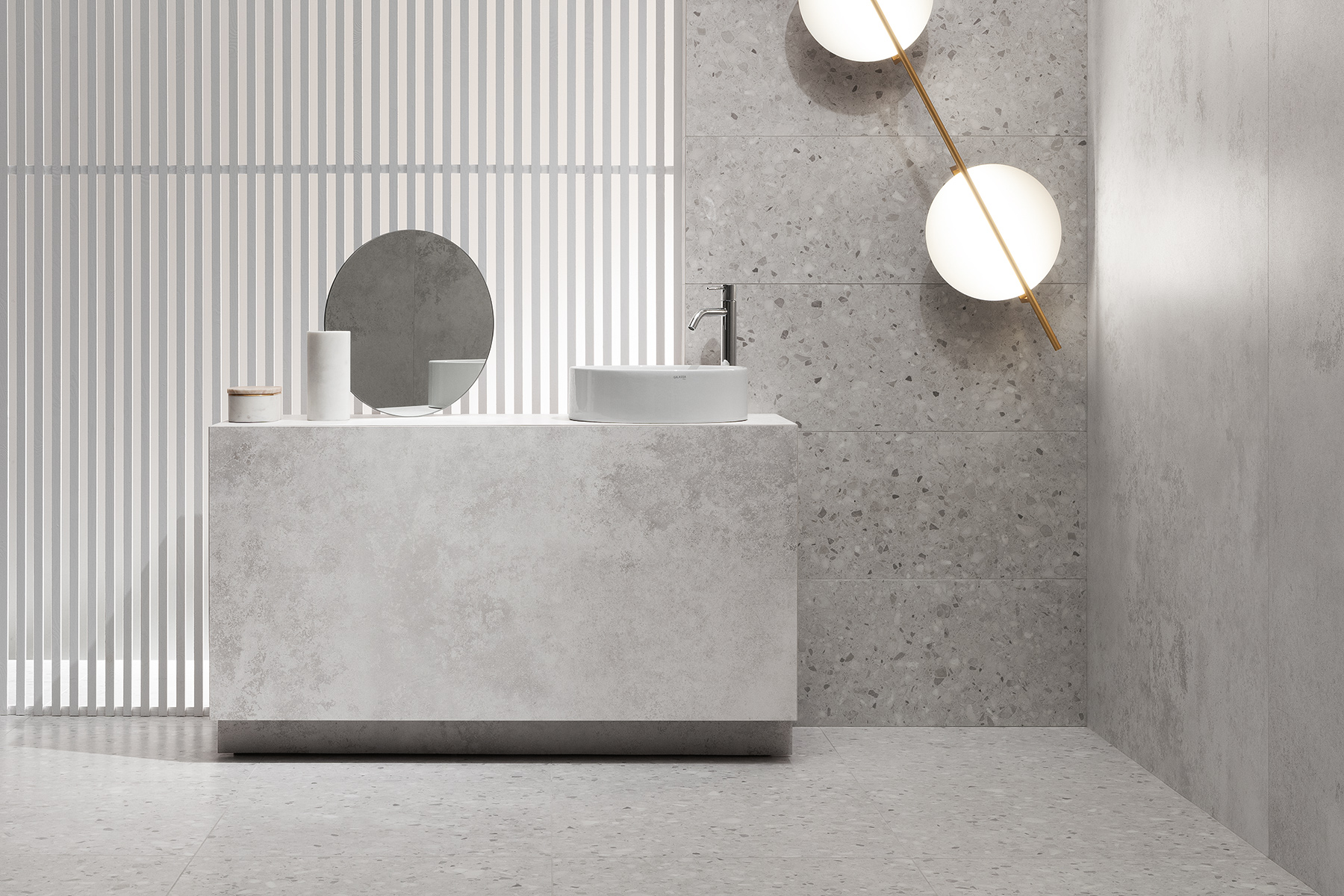Porcelain Terrazzo wall & floor tiles in a designer bathroom - Macchia Grey