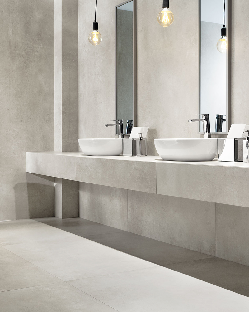Porcelain Concrete tiles in a modern bathroom - Epoxy Gray