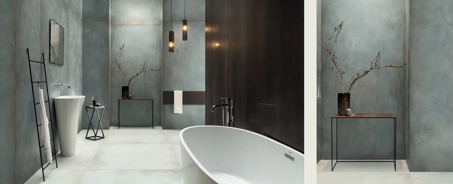 Porcelain Metal effect tiles in a stylish, industrial looking bathroom - Patina Plate