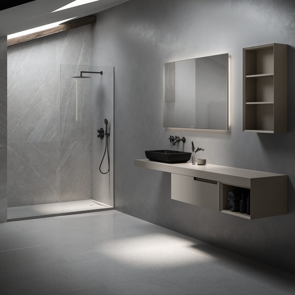 Compact wet room-style en suite with level-access shower, wall-hung vanity and mirror cabinet