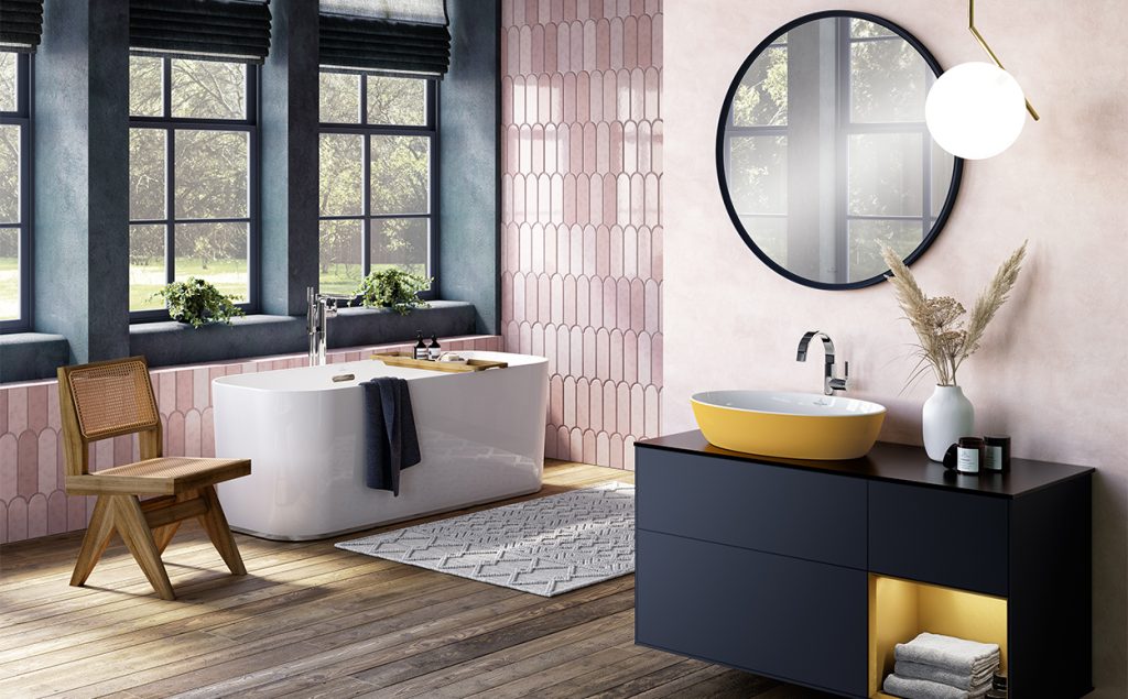 Villeroy & Boch Artis basin on a navy vanity against pink tiled walls