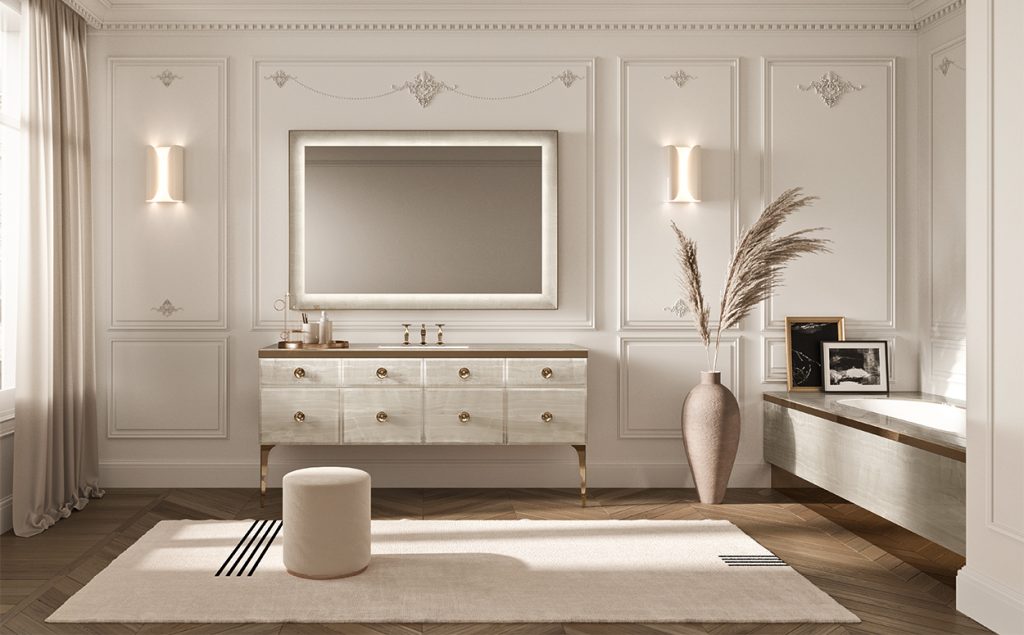 Classic panelled bathroom with a cream vanity, illuminated mirror and wall lights by Vitage