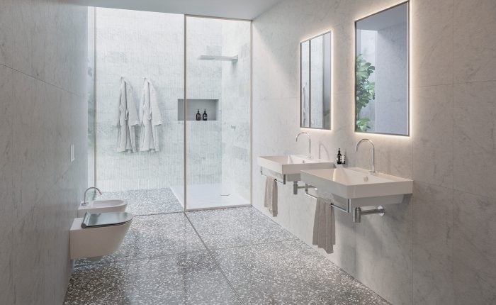 Designer bathroom with new wall and floor tiles