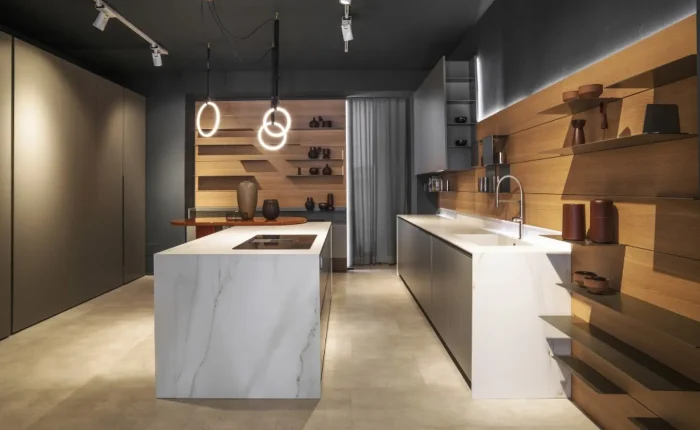 Composit kitchen — full room Composit Italian kitchen with island and matt lacquer finish at Brooklands Interiors Surrey showroom