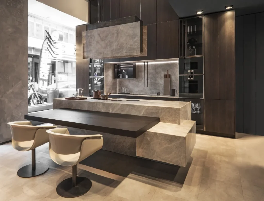 Composit Italian kitchen with island and matt lacquer finish at Brooklands Interiors Surrey showroom