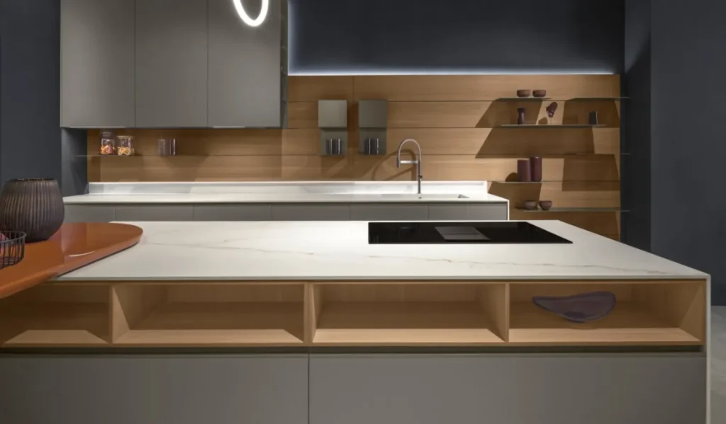 Composit Italian kitchen with wood veneer and island